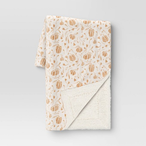 Mini Pumpkin Printed Plush with Shearling Reverse Throw Blanket Neutral Cream Threshold