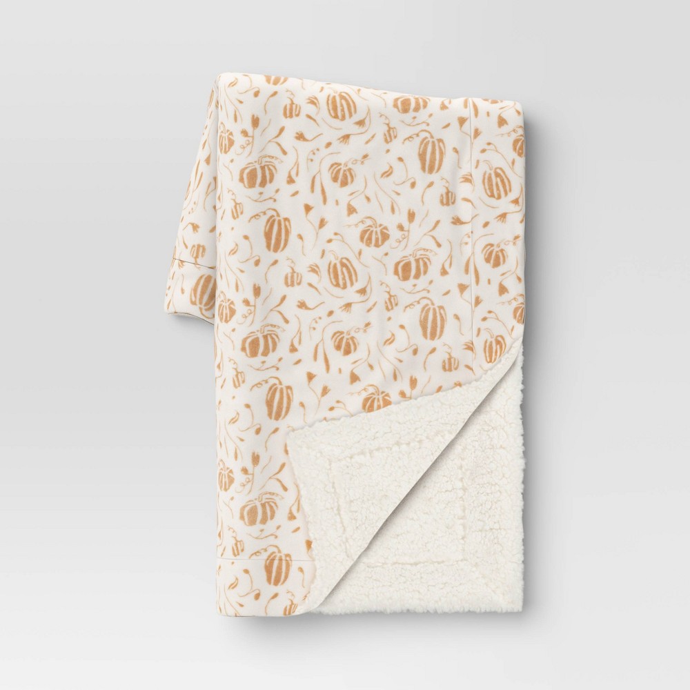 Mini Pumpkin Printed Plush with Shearling Reverse Throw Blanket Neutral/Cream - Threshold™