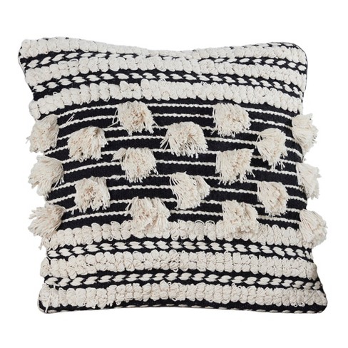 Blue And White Hand Woven 18 X 18 Inch Decorative Cotton Throw Pillow Cover  With Insert And Hand Tied Braiding And Pom-poms - Foreside Home & Garden :  Target