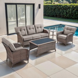 Belord 5 Piece Patio Furniture Set, All Weather Brown Wicker Outdoor Patio Furniture Set Patio Sofa Set with Club Lounge Chair and Coffee Table - 1 of 4