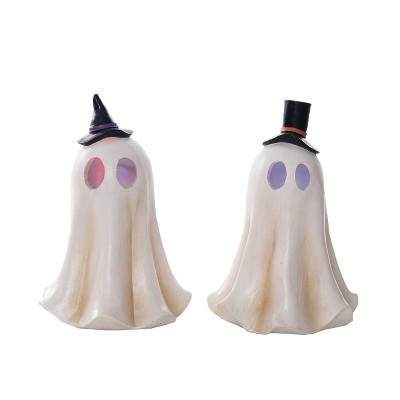 Transpac Medium Resin Light Up Vintage Ghost Figurine Set of 2 Halloween Tabletop Decor Battery Operated Multicolor