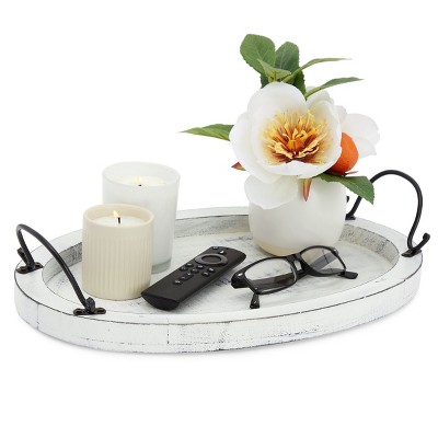 Farmlyn Creek Rustic Oval Wood Serving Tray for Coffee Table with Handle, Home Decor Centerpiece, White, 16 x 11 x 2 In