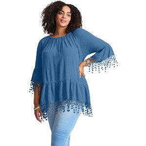 Avenue Women's Plus Size Crochet Fringe Trim Tunic - 1 of 4