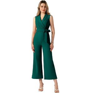 Allegra K Women's Elegant Office Work Sleeveless Wide Belted Leg Jumpsuit Romper - 1 of 4