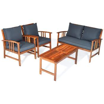 Tangkula 4pcs Wooden Patio Furniture Set Table & Sectional Sofa Garden