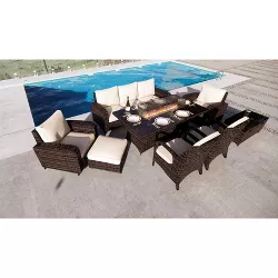 8pc Kassandra Outdoor Set with Wicker Sectional Sofa & Rectangular Gas Fire Pit Table - Brown - Moda Furnishings inc