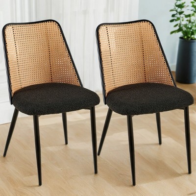 Rattan Dining Chairs Set of 2,Boucle Upholstered Chairs with Cane Back and Metal Legs for Kitchen or Dining Room-Baofuwish