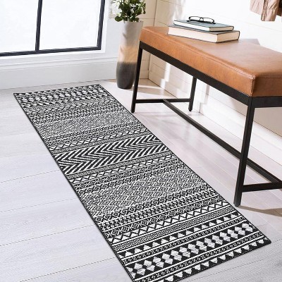 Boho Area Rug, Neutral Black Low Pile Washable Carpet, Non-Slip Non-Shedding Indoor Rug for Living Room, Bedroom, Kitchen, Bathroom