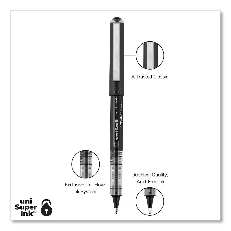 uni-ball VISION Roller Ball Pen Stick Bold 1 mm Black Ink Black Barrel Dozen 70128, 3 of 10