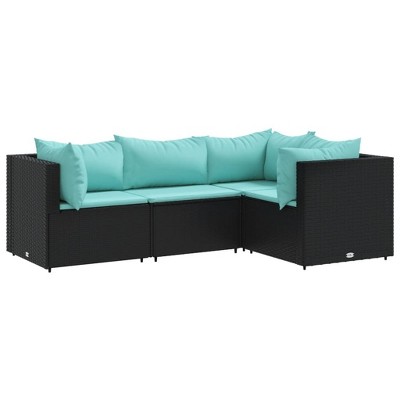 vidaXL Patio Lounge Set with Cushions Black Poly Rattan - Black and Blue 3x Corner + Middle