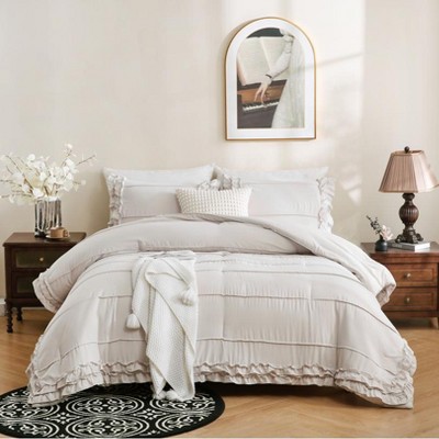 Pinch Pleat Comforter Set – 3-Piece Shabby Chic Boho Bedding, Soft Washed Microfiber Quilt Set with Pillow Shams