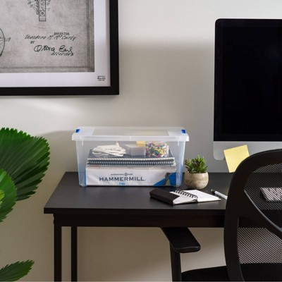 Clear Stackable Plastic Storage Boxes with Blue Latches, 12 Qt, Set of 4