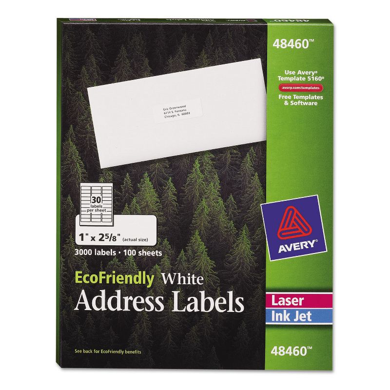 Avery EcoFriendly Laser/Inkjet Easy Peel Mailing Labels 1 x 2 5/8 White 3000/Pack 48460, 1 of 8