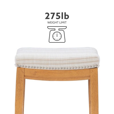 Natural Wood Backless Saddle Counter Stool with Striped Linen Seat