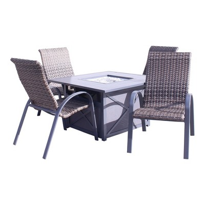 Courtyard Casual Santa Fe 5 pc Square Fire Pit Set with Wicker Chairs  Includes One Square Fire Pit and Four Wicker Chairs