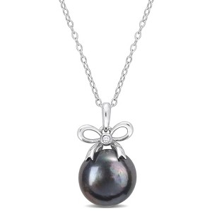 EVERLY JEWELRY | Sterling Silver 12-12.5mm Black Cultured Freshwater Pearl and White Topaz Bow Pendant with Chain - 18 in - 1 of 4