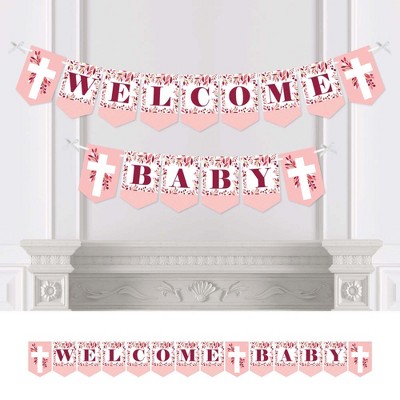 Big Dot of Happiness Pink Elegant Cross - Religious Girl Baby Shower Bunting Banner - Party Decorations - Welcome Baby