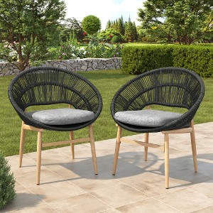 Outdoor Wicker Papasan Style Dining Chair, Teak Finished Leg and Dark Gray Faux Rattan, Gray Cushion, Set of 2 - 1 of 3