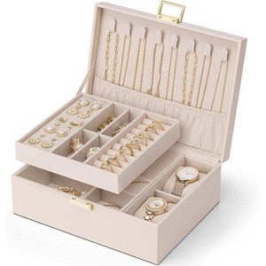 2-Layer Jewelry Box with Removable Tray, Large Cream White Organizer for Necklaces, Earrings, Rings, Gift for Women - 1 of 4