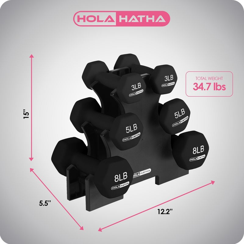 HolaHatha Hex Dumbbell Set with 3lbs., 5lbs. and 8lbs. Hand Weights and Storage Rack, 4 of 8