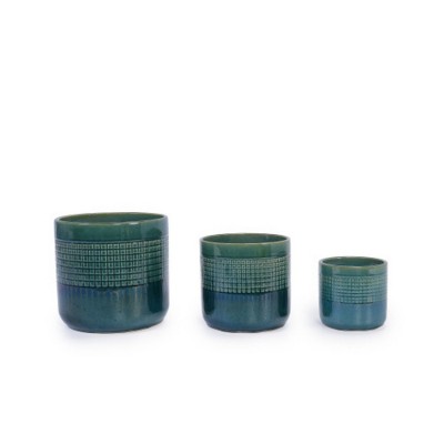 Syemin Planters Set of 3 Grid Ceramic Flowerpot with Drainage Hole, Modern Planter for Patio, Garden, Windowsill, Green, 9.65"*9.65"*9.25"