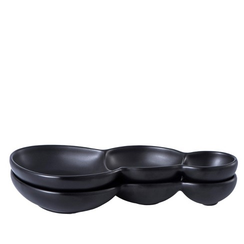 Bruntmor 10.5" 3-Compartment Modern Matte Porcelain Serving Tray, Triplet Bowl, Set Of 2, Black - image 1 of 4