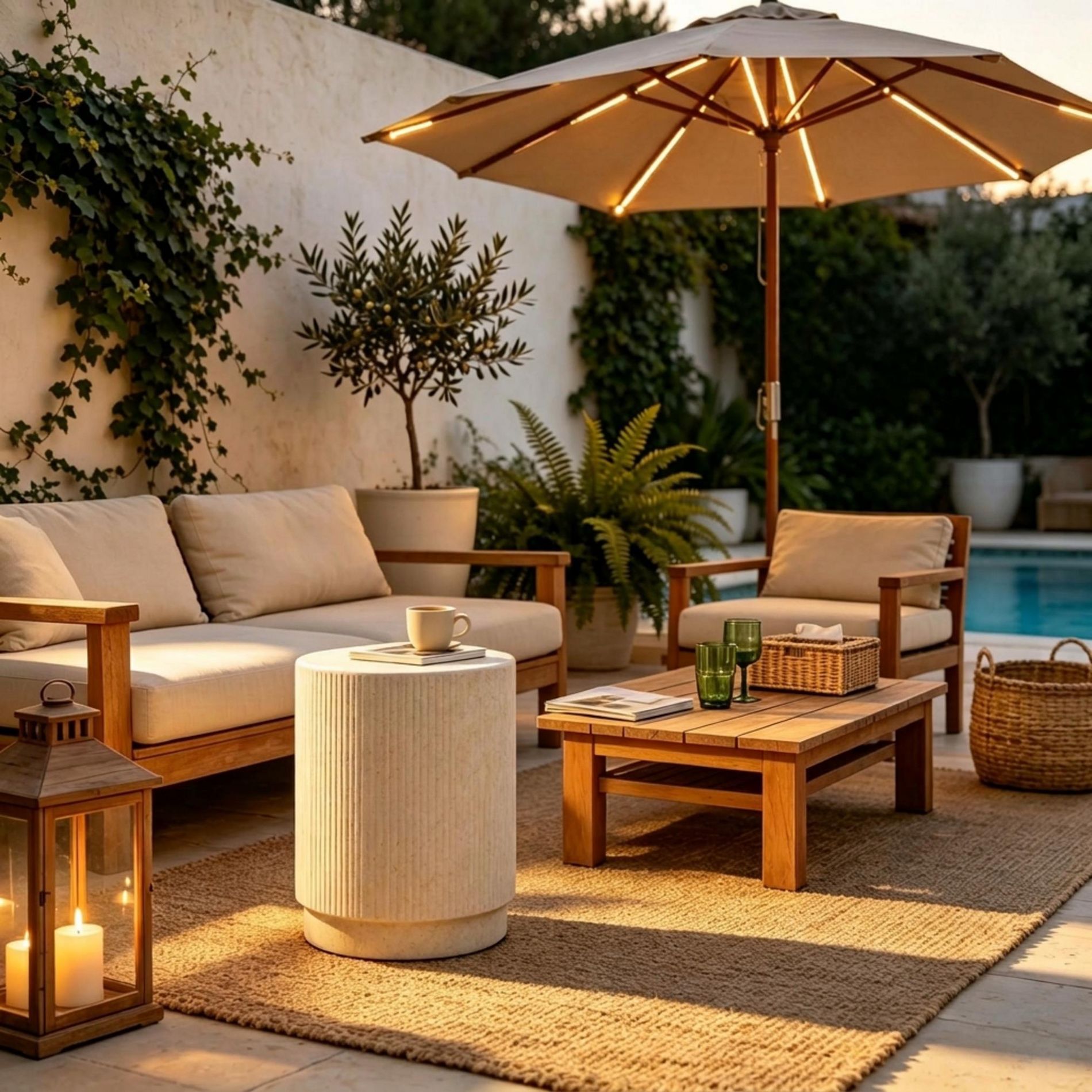 GDFStudio Zdenek Modern Lightweight Concrete Patio Side Table with Cylindrical Design, Light Brown