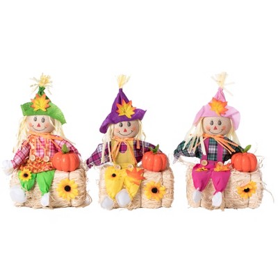 Gardenised Outdoor Fall Decor Halloween Scarecrow for Garden Ornament Sitting on Hay Bale, Straw Multicolor, Set of 3, 16 in.