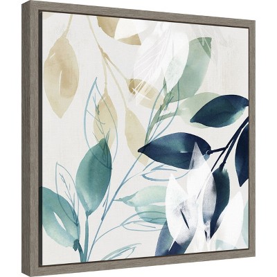 Modern Blue and Green Abstract Botanic-Inspired Framed Canvas Wall Art 16x16