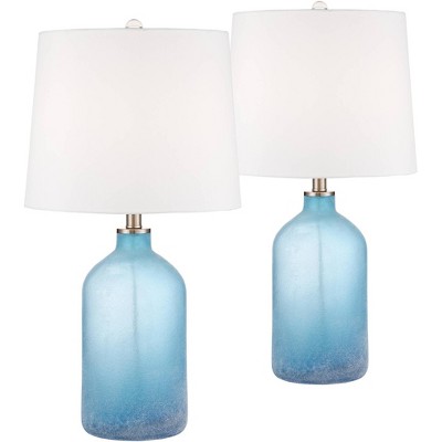 360 Lighting Coastal Table Lamps Set of 2 Frosted Sea Blue Glass White Drum Shade for Living Room Family Bedroom Nightstand