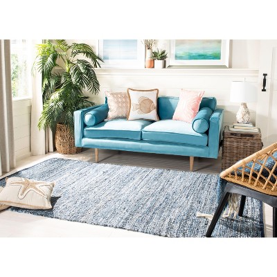 Handmade Blue Cotton Flat Woven Rectangular Rug