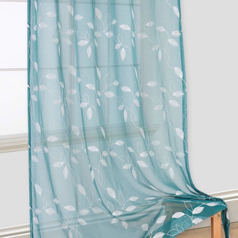 Leaves Embroidered Voile Sheer Grommet Window Curtain Panels, 3 of 6
