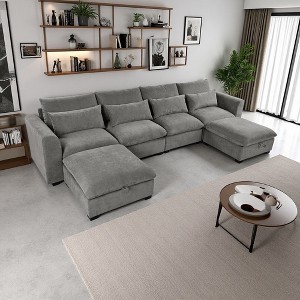 132" Linen U-Shaped Modular Sectional Sofa with Storage Ottomans - 1 of 4