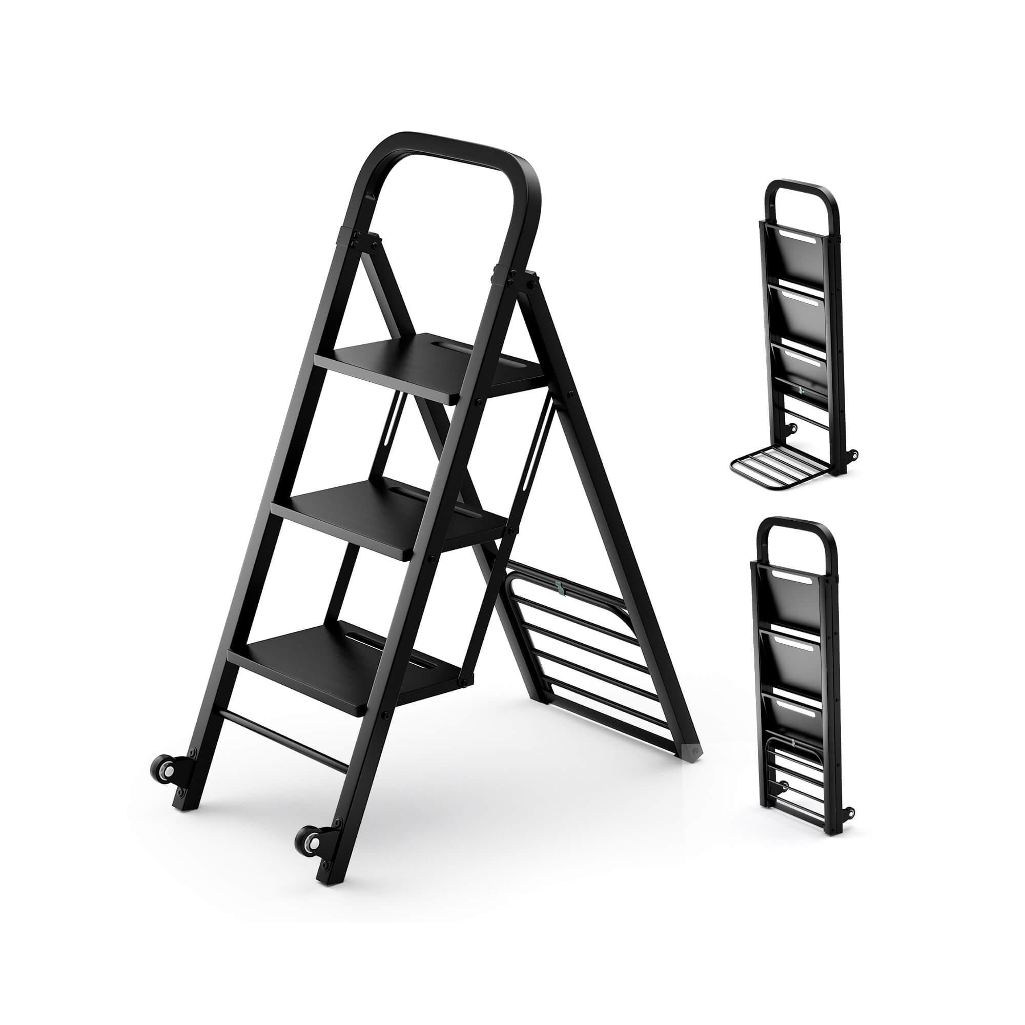 Costway 2-in-1 Ladder & Hand Truck Combo Collapsible 3-Step Ladder with Wheels