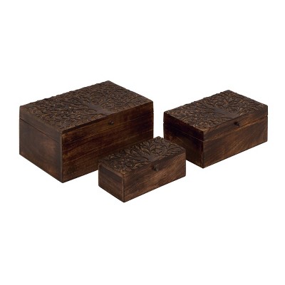 Set of 3 Rustic Carved Mango Wood Boxes - Olivia & May