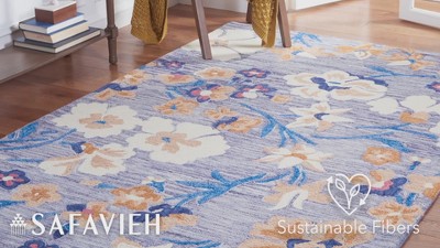 Ivory and Blue Floral Handmade Wool Square Rug