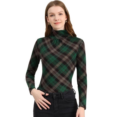 Allegra K Women's Turtleneck Long Sleeve Stretch Slim Plaid Casual Blouse