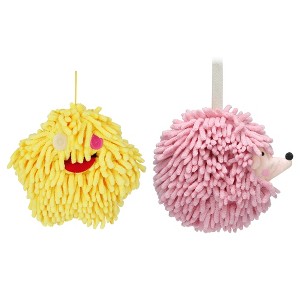 REGALWOVEN Fuzzy Cute Cartoon Decorative Hand Drying Hanging Ball Hand Towels 7" x 7" 2 Pcs - 1 of 4