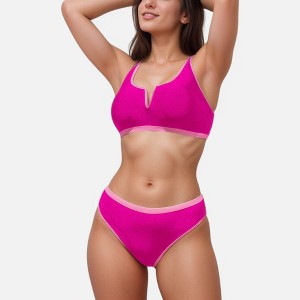 Anna-Kaci Swim Women's Contrast Trim High Waist Bikini Set with V Notch Neckline and Full Coverage Bottoms - 1 of 4