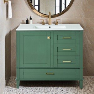 36" Black Bathroom Vanity with Solid Pine Frame, 1 Soft Close Door and 3 Drawers , Modern Storage Cabinet - Leovsnove - 1 of 4