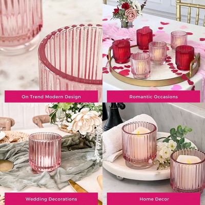 Blush Pink Ribbed Glass Votive Candle Holders Set of 6