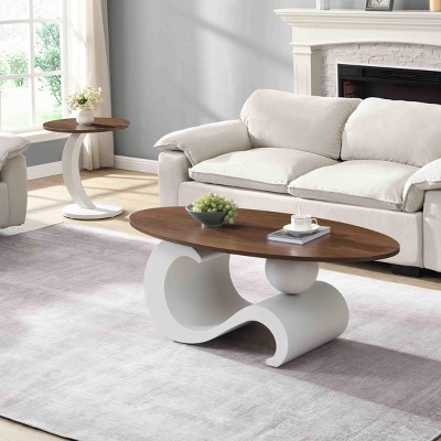 INFURNIC Coffee Tables White Nesting Coffee Table Set of 2 Oval and Round Design with Sturdy Metal Base for Living Room, White, 30.91"*20.67"*19.17"