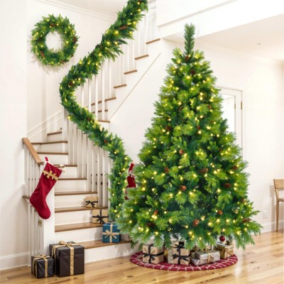 INFURNIC Artificial Trees 6FT Christmas Tree Set with Garland and Wreath for Holiday Home and Office Decor, Green, 44.9"*44.9"*72"