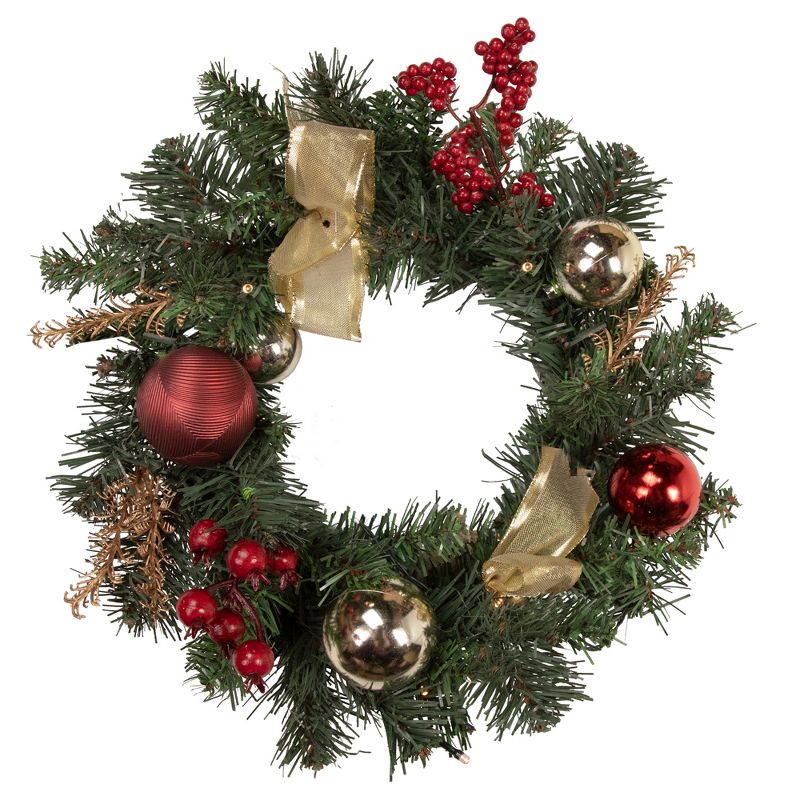 Northlight Pre-Lit Decorated Burgundy and Gold Pine Artificial Christmas Wreath, 16-Inch, Warm White LED, 1 of 4
