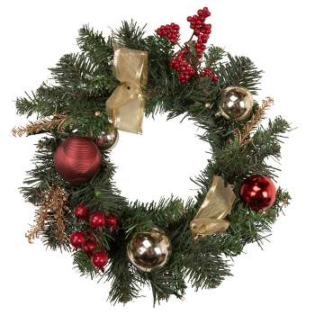 Northlight Pre-Lit Decorated Burgundy and Gold Pine Artificial Christmas Wreath, 16-Inch, Warm White LED