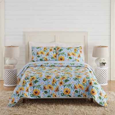 Vera Bradley 3pc King Sunflower Sky Quilt Set: Cotton Comforter With ...