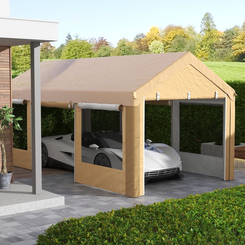 Outsunny Carport 10' x 20' Portable Garage, Height Adjustable Heavy Duty Car Port Canopy with 4 Roll-up Doors & 4 Windows, 2 of 7
