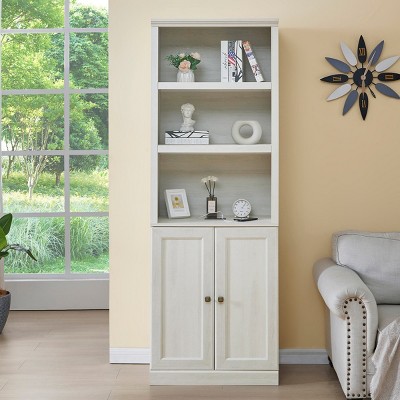 Neutral Wood Storage Cabinet with Doors and 3 Open Shelves,Built-in USB Ports,Living Room Freestanding Tower Organizer-Baofuwish