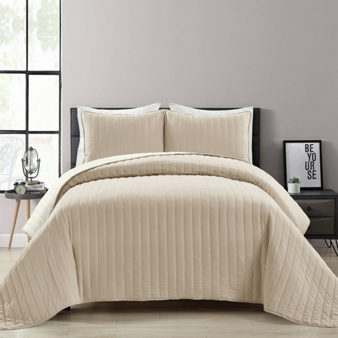 King 3pc Soft Stripe All Season Quilted/Coverlet Set Neutral/Ivory - Lush  Décor