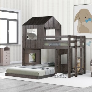 TiramisuBest Wooden Twin Over Full Bunk Bed,Loft Bed with Playhouse,Farmhouse,Ladder and Guardrails,Antique Gray - 1 of 4